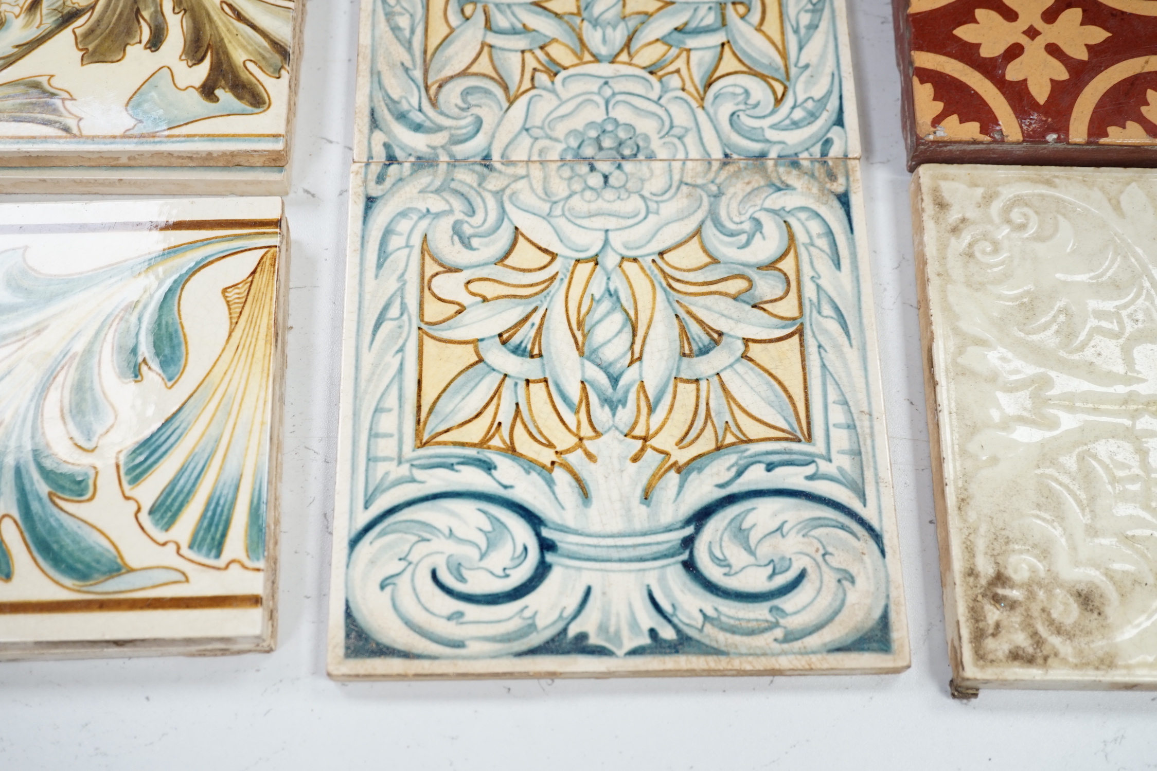 A quantity of various 19th century and later tiles including Mintons, William Brownfield etc, largest 15 x 15cm